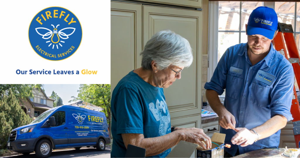 Firefly Electrical Services helping a homeowner in Denver with their electrical services, and the company motto of "our service leaves a glow"
