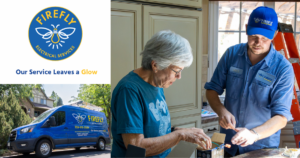 Firefly Electrical Services helping a homeowner in Denver with their electrical services, and the company motto of "our service leaves a glow"